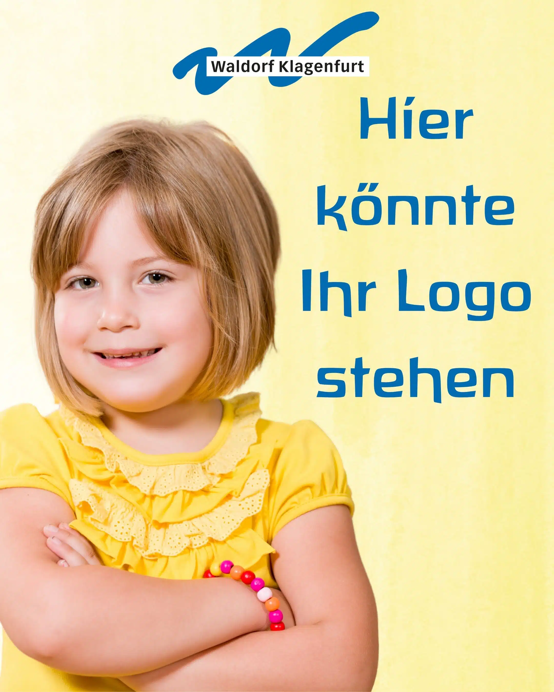 Bild eines Mädchens mit verschränkten Armen. Darüber das Logo der Waldorfschule. Daneben Text: Hier könnte Ihr Logo stehen